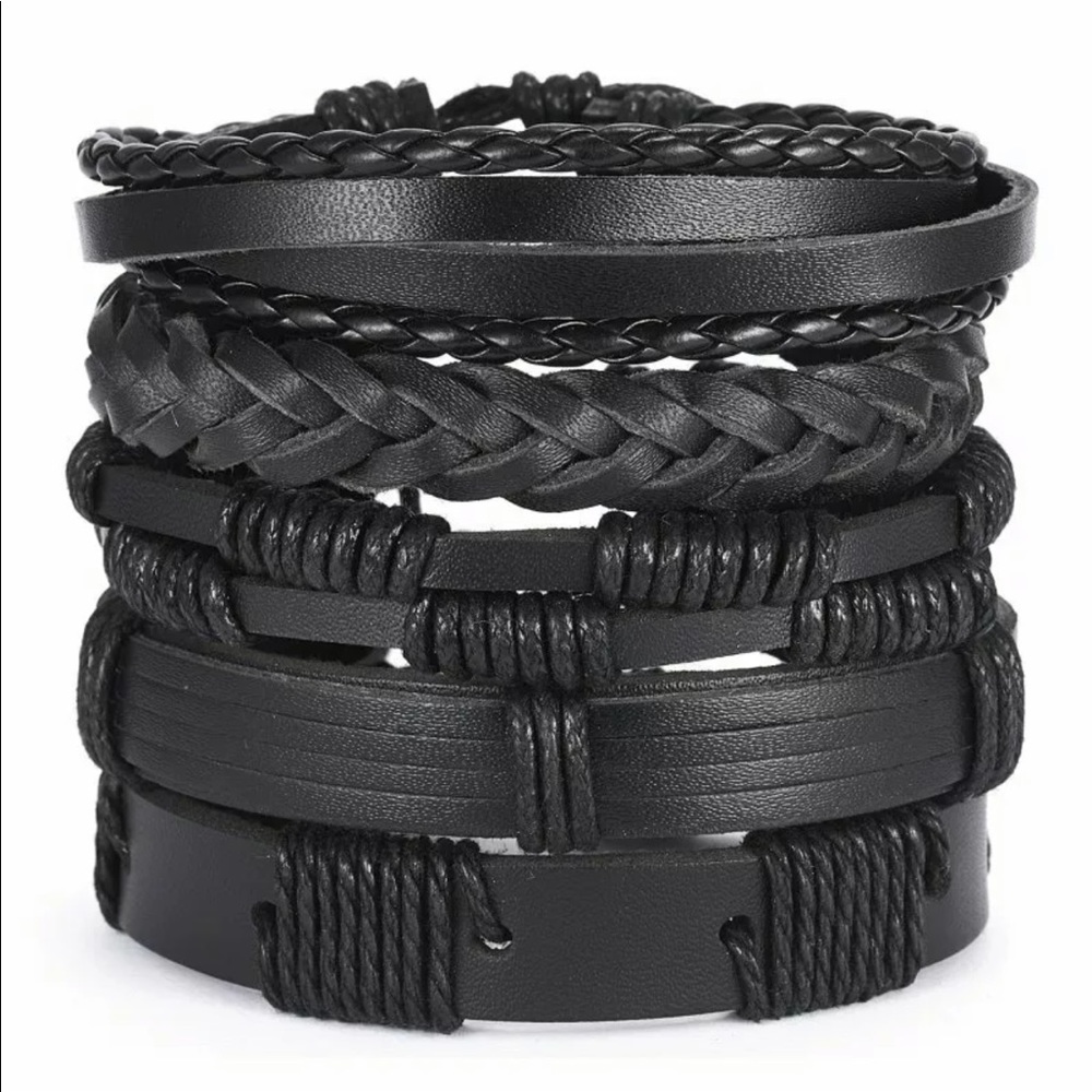 Layered Leather Bracelet Set - 6-Piece Black